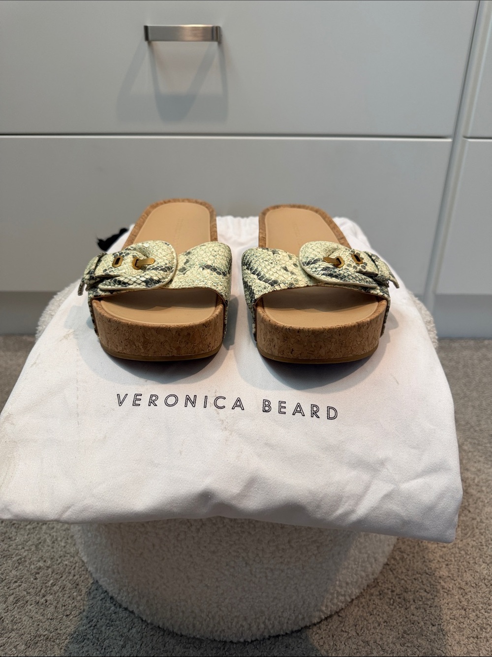 Veronica Beard Snake-Print Cork Slide Sandals in Pale Green